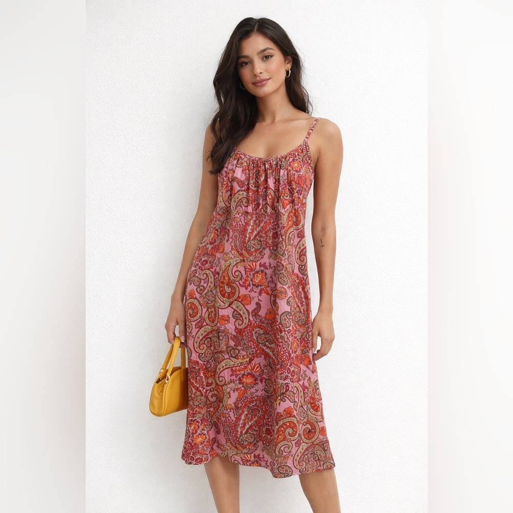 Anni Kuan Pink & Orange Paisley Print Y2K Retro Midi Dress Sz.‎ M